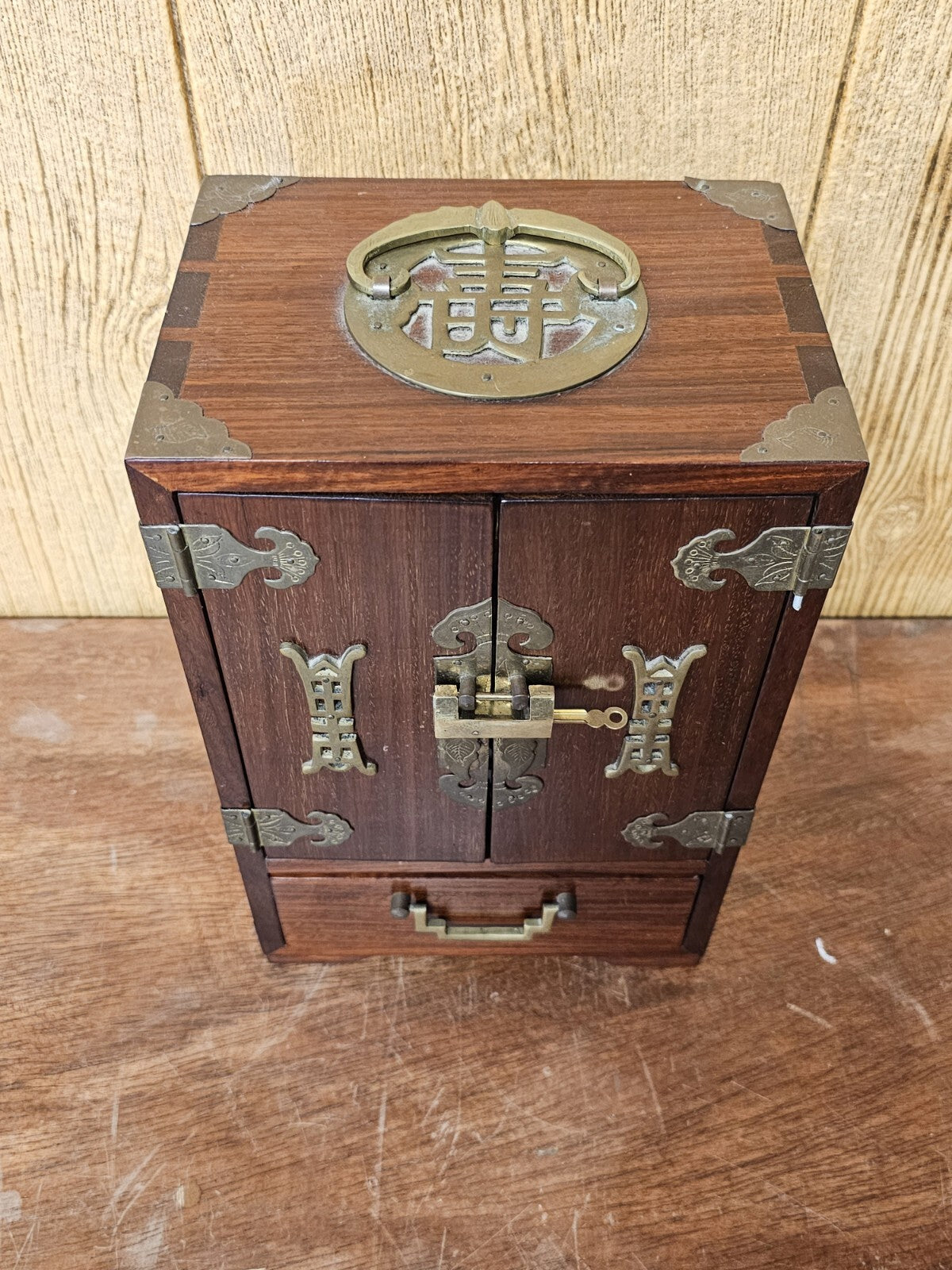 Vtg Chinese Real Wood 5 Drawer Jewelry Box With Brass Pulls & Lock 12 " Tall