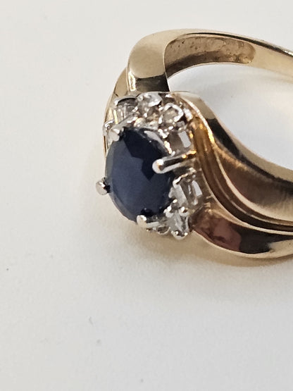 14k Yellow Gold Sapphire & Diamonds Statement Cocktail Size 6.25 Ring 3.9 Grams