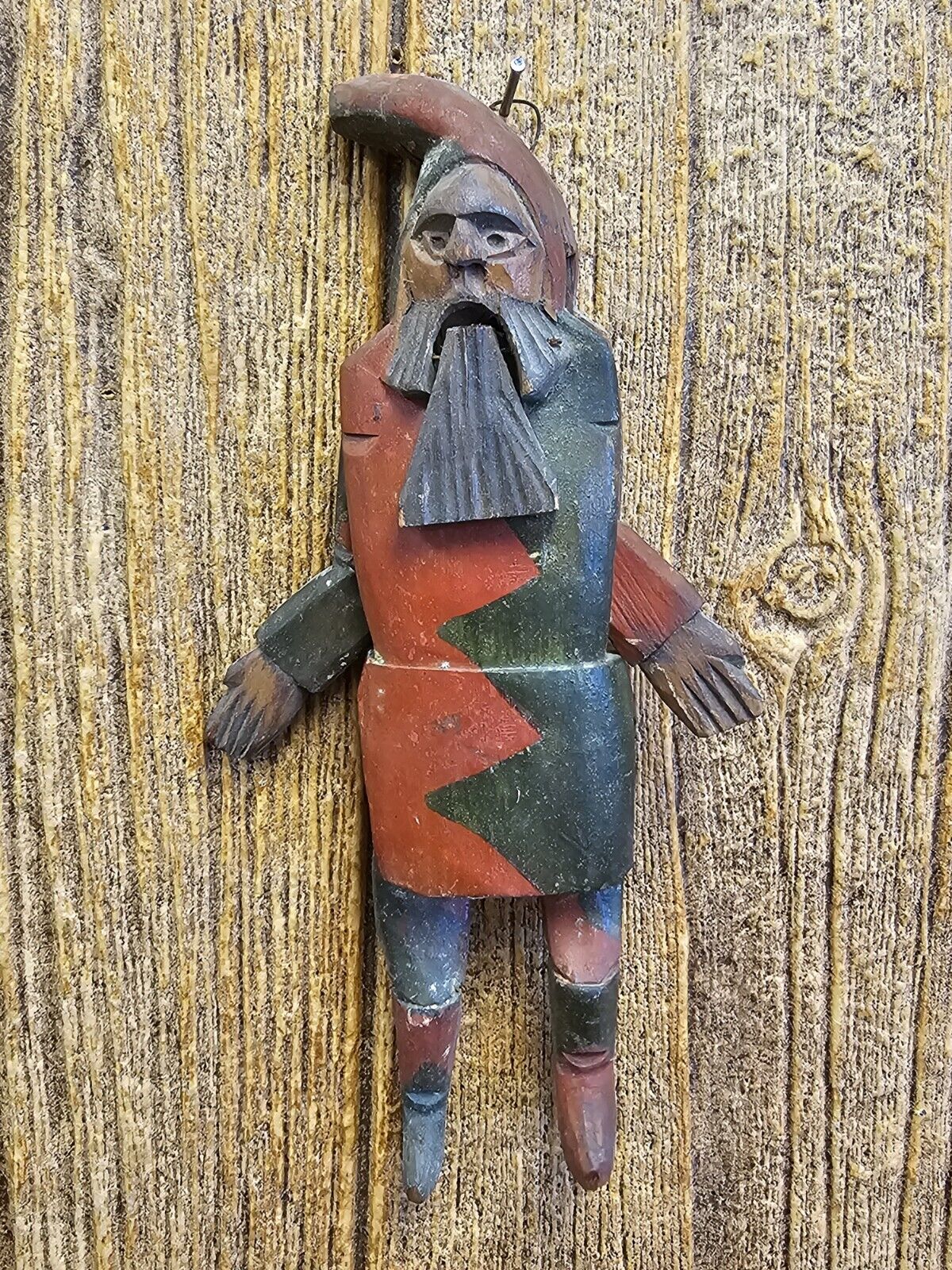 Antique 19th Century German Hand Carved Gnome Jumping Jack Santa Ornament