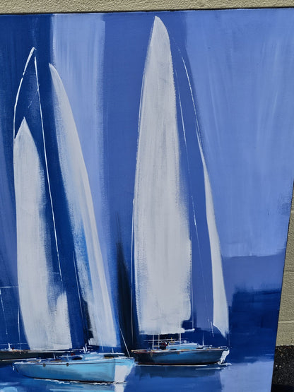Original Beach Theme Oil On Canvas "Sailing" Sailboats By Cavelia Blue & White