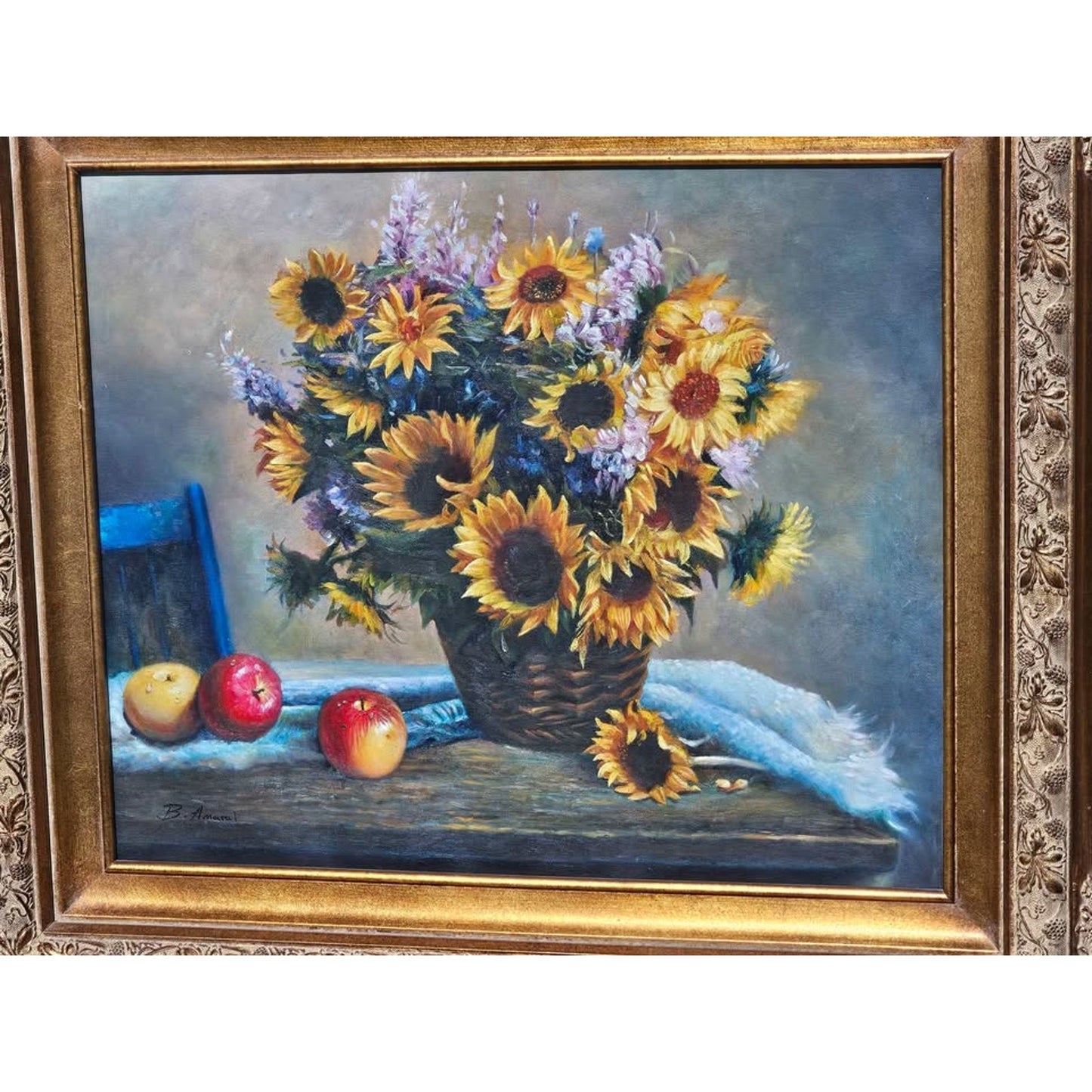 Original Still Life Painting Oil Painting of Sunflowers & Fruit w Ornate Frame