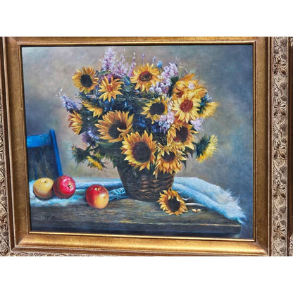 Original Still Life Painting Oil Painting of Sunflowers & Fruit w Ornate Frame