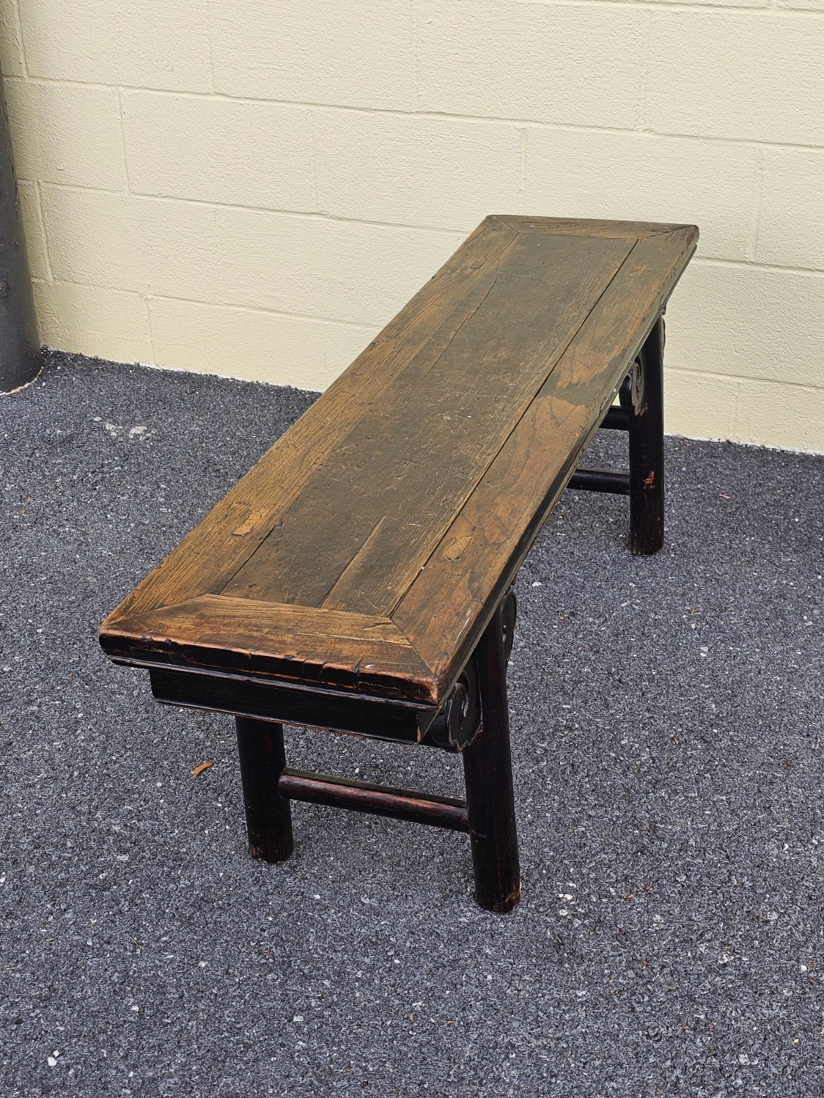 19th Century Antique Chinese Elm Wood Carved Short Table Bench Tongue & Groove