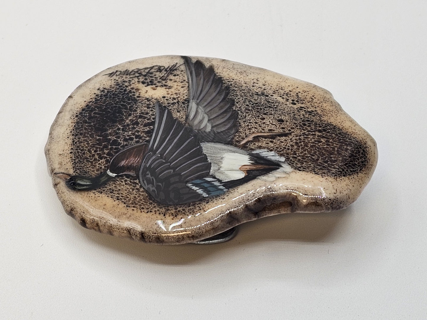 Vtg Alice Semich Elk Antler Belt Buckle W  Hand Painted Mallard Duck 3.25 Inch