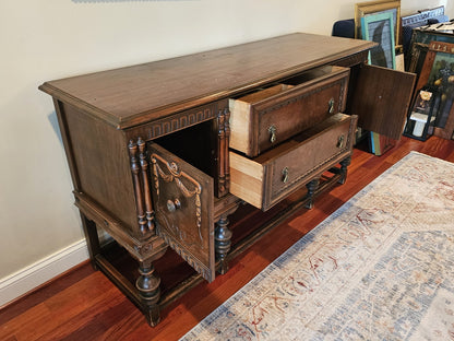 Antique Jacobean Walnut Sideboard Ornately Carved Buffet Server W Brass Hardware