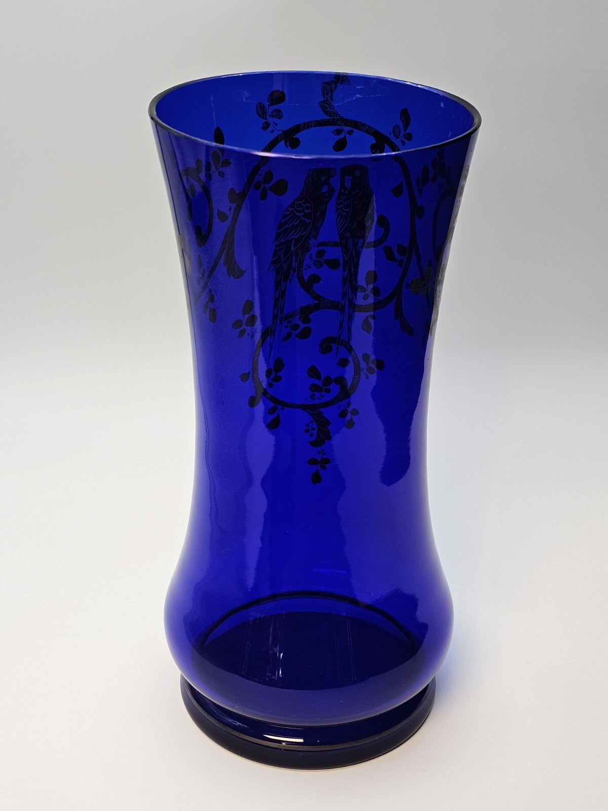 Vtg Czech Cobalt Blue Art Glass Vase With Silver Overlay Parrots Birds 11 " Tall