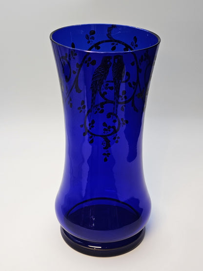 Vtg Czech Cobalt Blue Art Glass Vase With Silver Overlay Parrots Birds 11 " Tall
