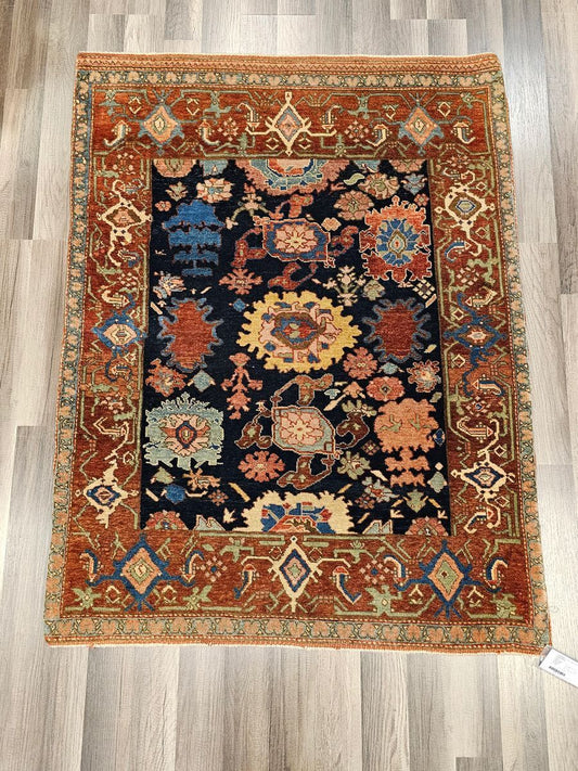 Handmade Turkish Tigris Rug w Floral Medallions on Blue Background 3' x 4'