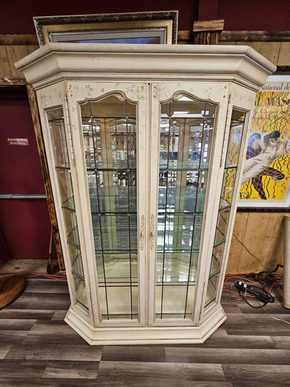 High Quality Distressed Lighted Display Cabinet W Beveled Panel Glass 2 Doors