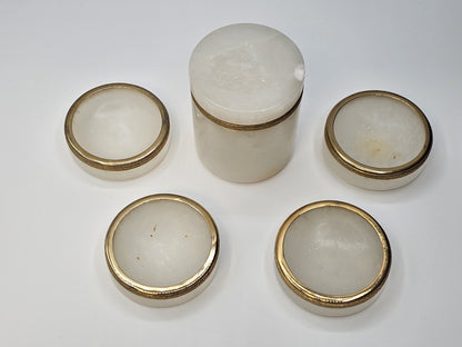 Vintage Italian White Opaline Round Cigarette Trinket Box & 4 Ashtray Coasters