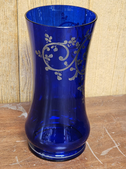 Vtg Czech Cobalt Blue Art Glass Vase With Silver Overlay Parrots Birds 11 " Tall