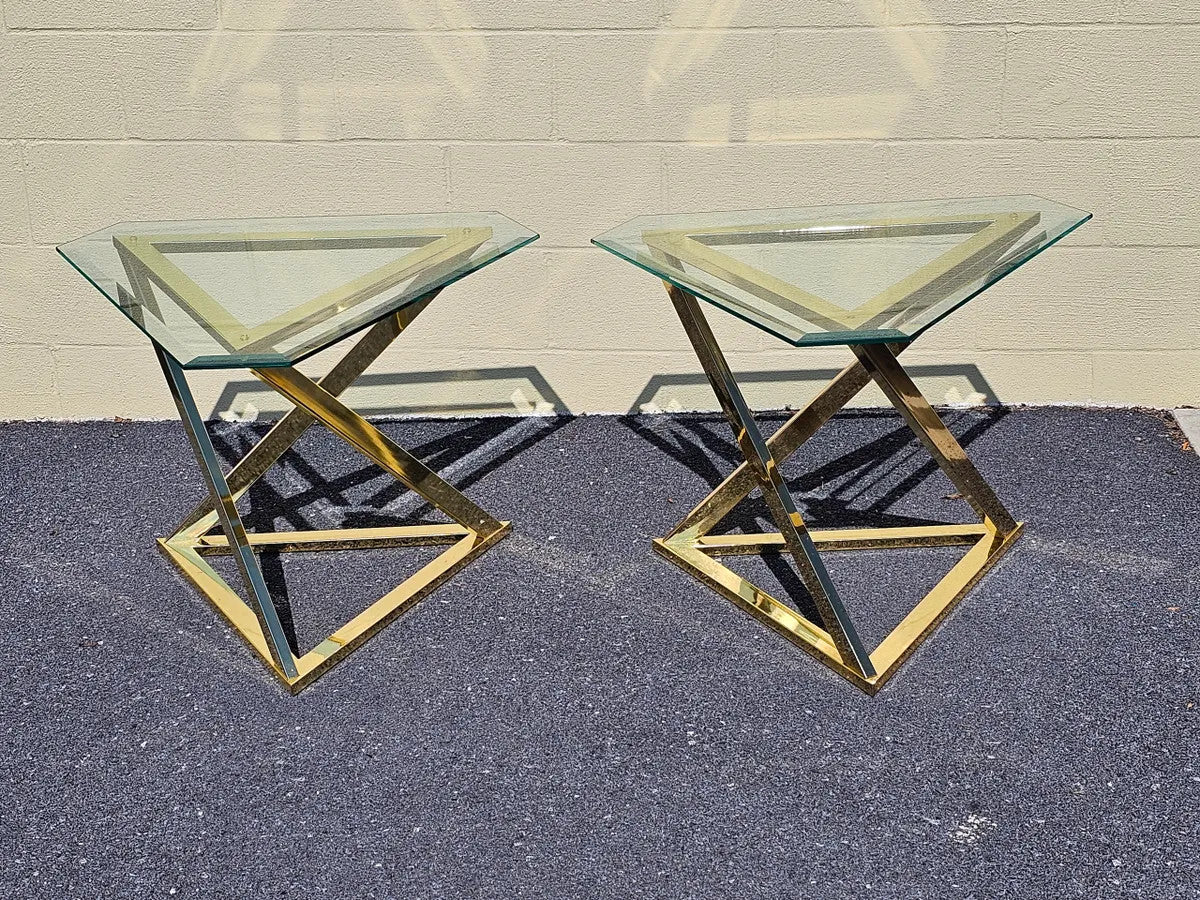 MCM Abstract Triangular Brass Base w Glass Top Accent End Tables