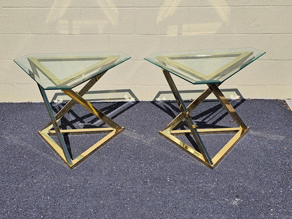 MCM Abstract Triangular Brass Base w Glass Top Accent End Tables