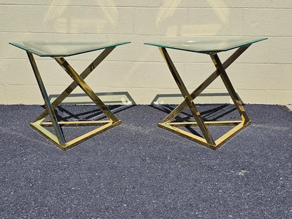 MCM Abstract Triangular Brass Base w Glass Top Accent End Tables