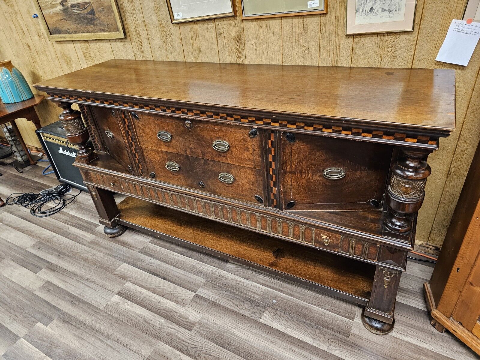 Antique Oak Sideboard Cabinet W Carved Columns & Checkered Inlay 3 Drawers