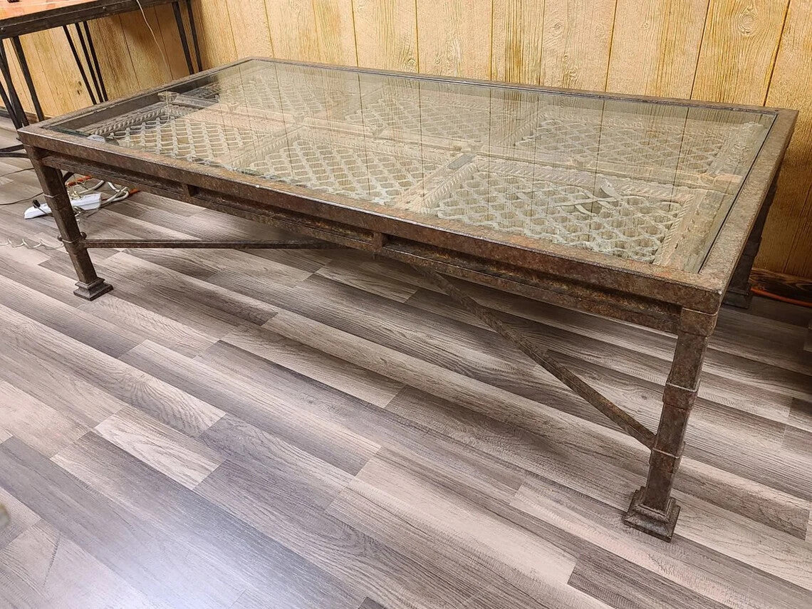 Hand Forged Wrought Iron Accent Table Reclaimed 18th Century Strap Shutter