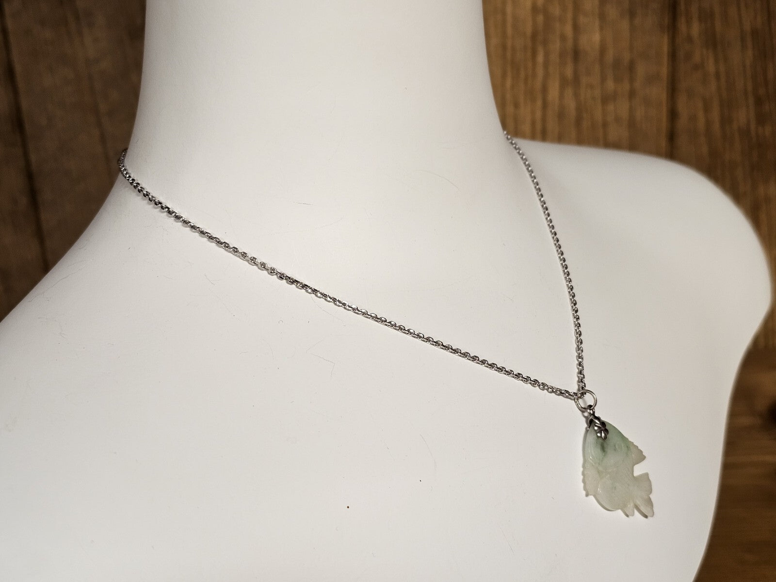 Hand Carved Jade Fish Pendant 1.25" Long On Silver Necklace 17.75" Long