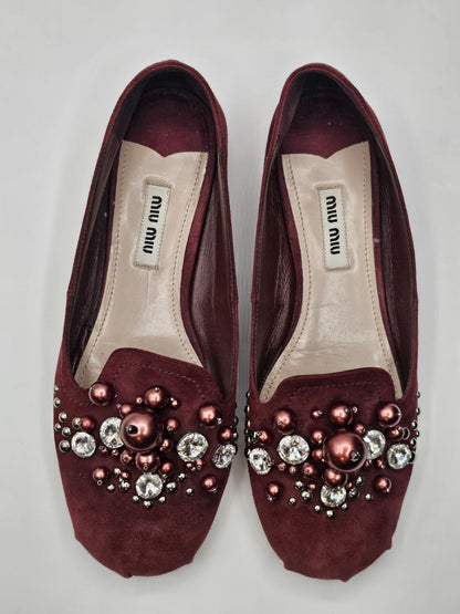 Miu Miu Bling Jeweled Crystal Slip-on Flats Shoes Size 36.5 Used 