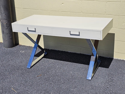 MCM Milo Baughman? Style Campaign Writing Desk White Lacquer & X Chrome Base