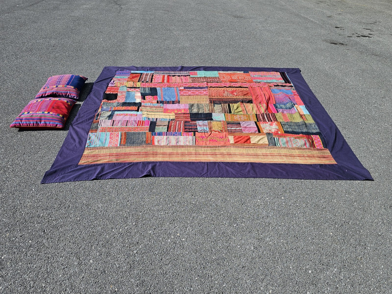 Vtg Tribal Indian Patchwork Quilt & Pillow Set Hand Stitched 99in X 96in 
