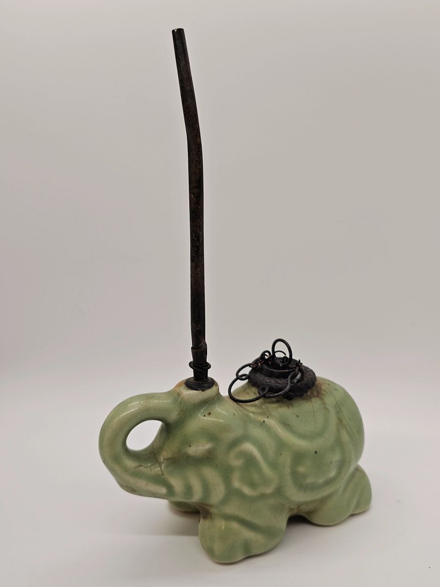 Antique Asian Porcelain Green Elephant Oil Lamp