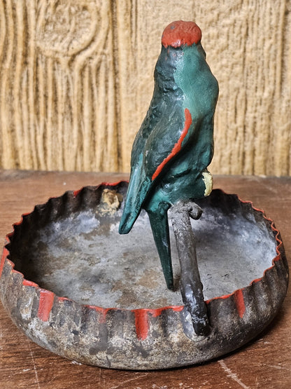 Vtg Metal Tin Bird Parrot Ashtray Hand Painted 4 Inch Wide