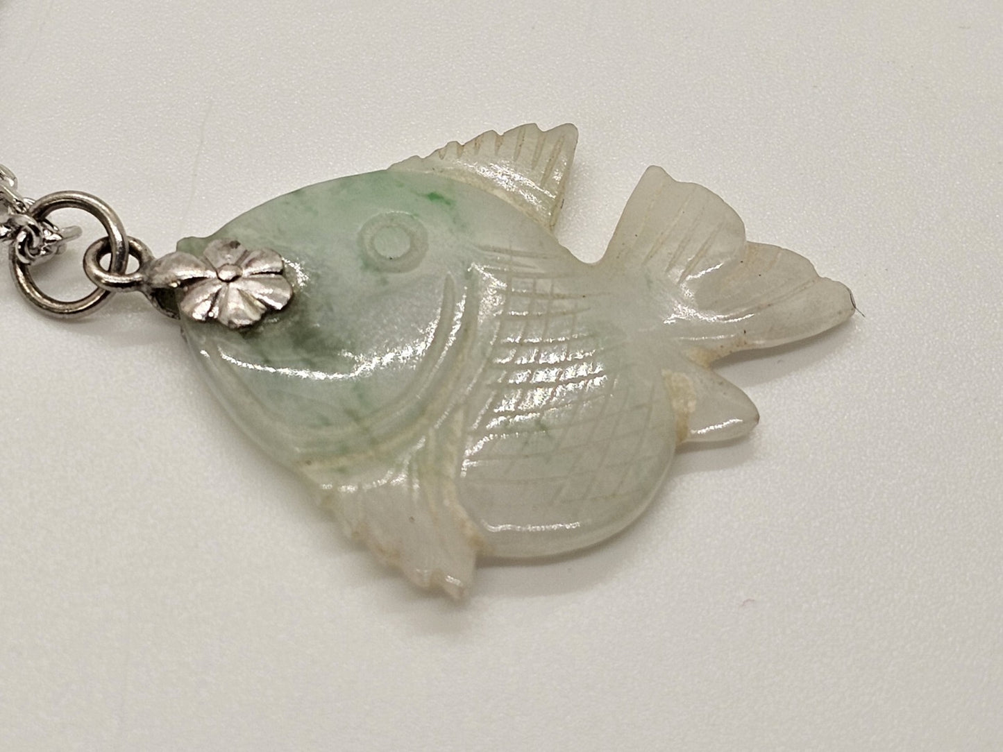 Hand Carved Jade Fish Pendant 1.25" Long On Silver Necklace 17.75" Long