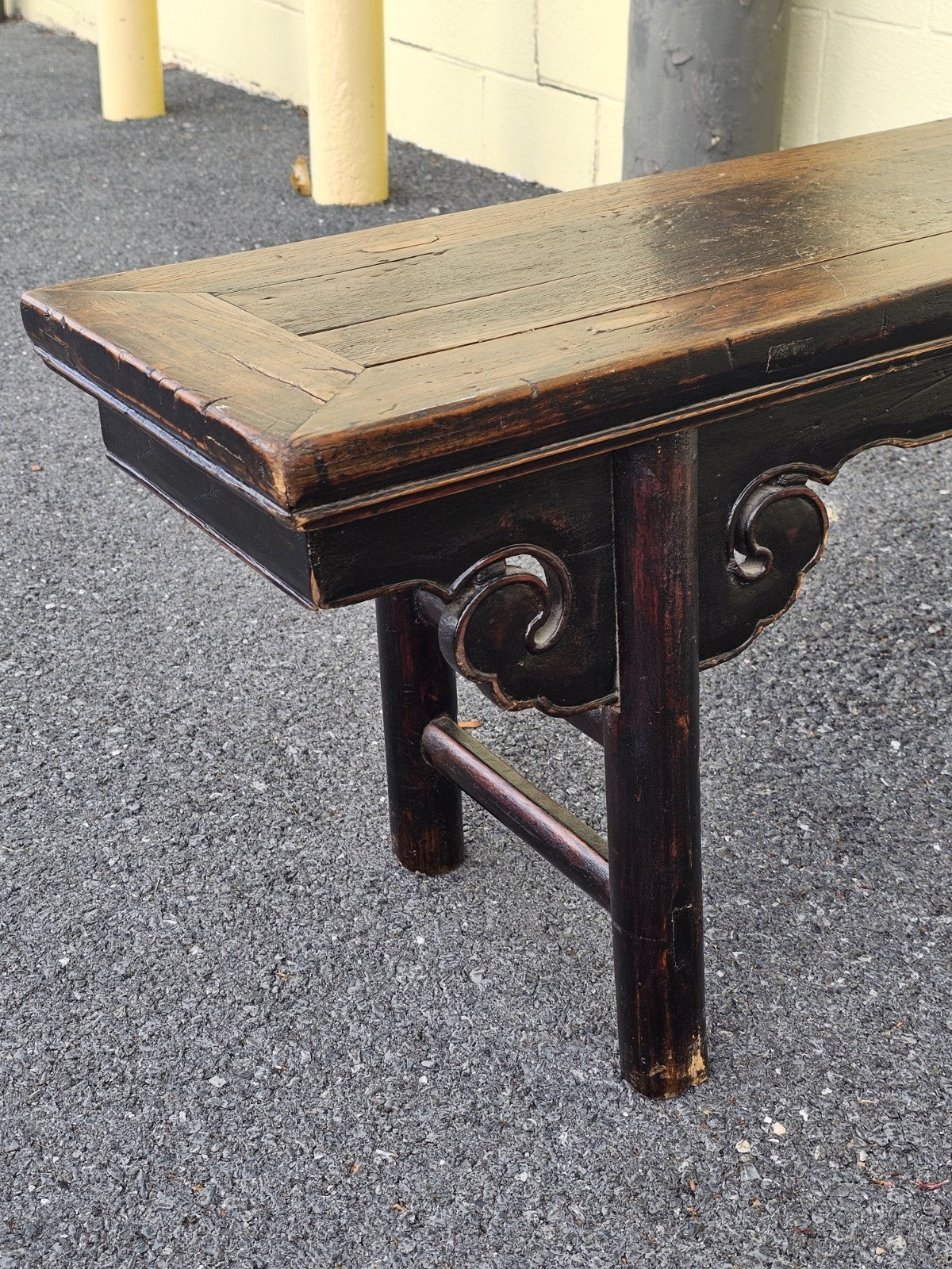 19th Century Antique Chinese Elm Wood Carved Short Table Bench Tongue & Groove