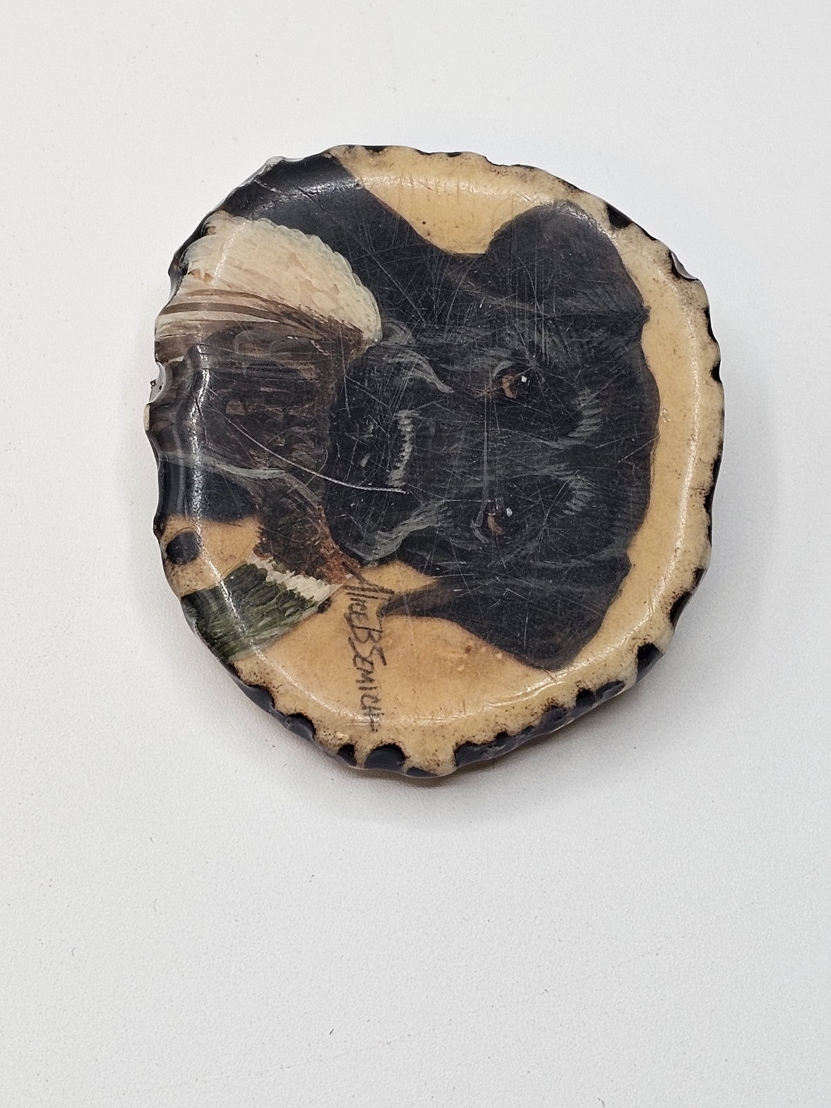 Vtg Alice Semich Elk Antler Belt Buckle W  Hand Painted Black Lab Holding A Duck