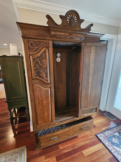 Antique 19th Century Hand Carved Oak Wardrobe W Phoenix Portable Cabinet Closet