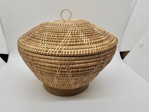 Native American? Hand Woven Lidded Coil Basket Great Quality 6" Tall X 8" Wide