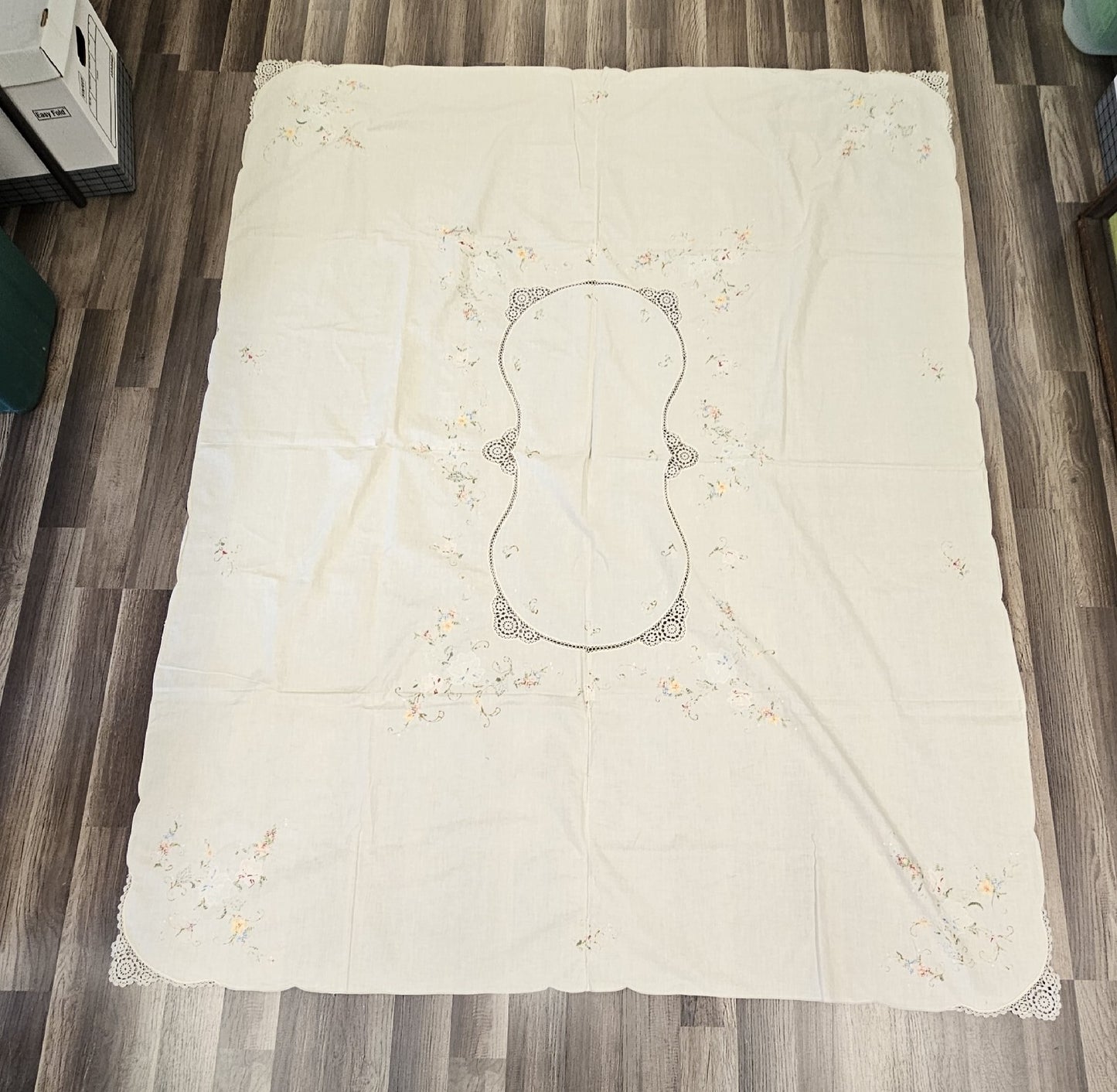 Vintage Handmade Linen Needlepoint Floral Table Cloth Cross Stitched 80" X 64"