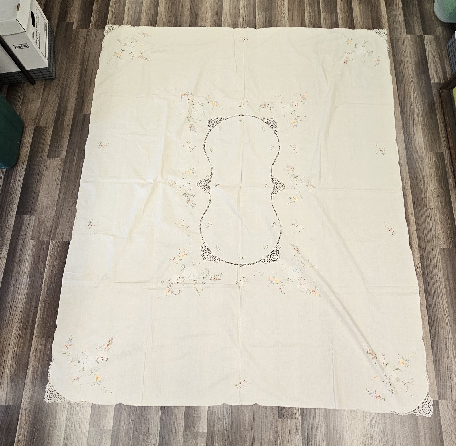Vintage Handmade Linen Needlepoint Floral Table Cloth Cross Stitched 80" X 64"