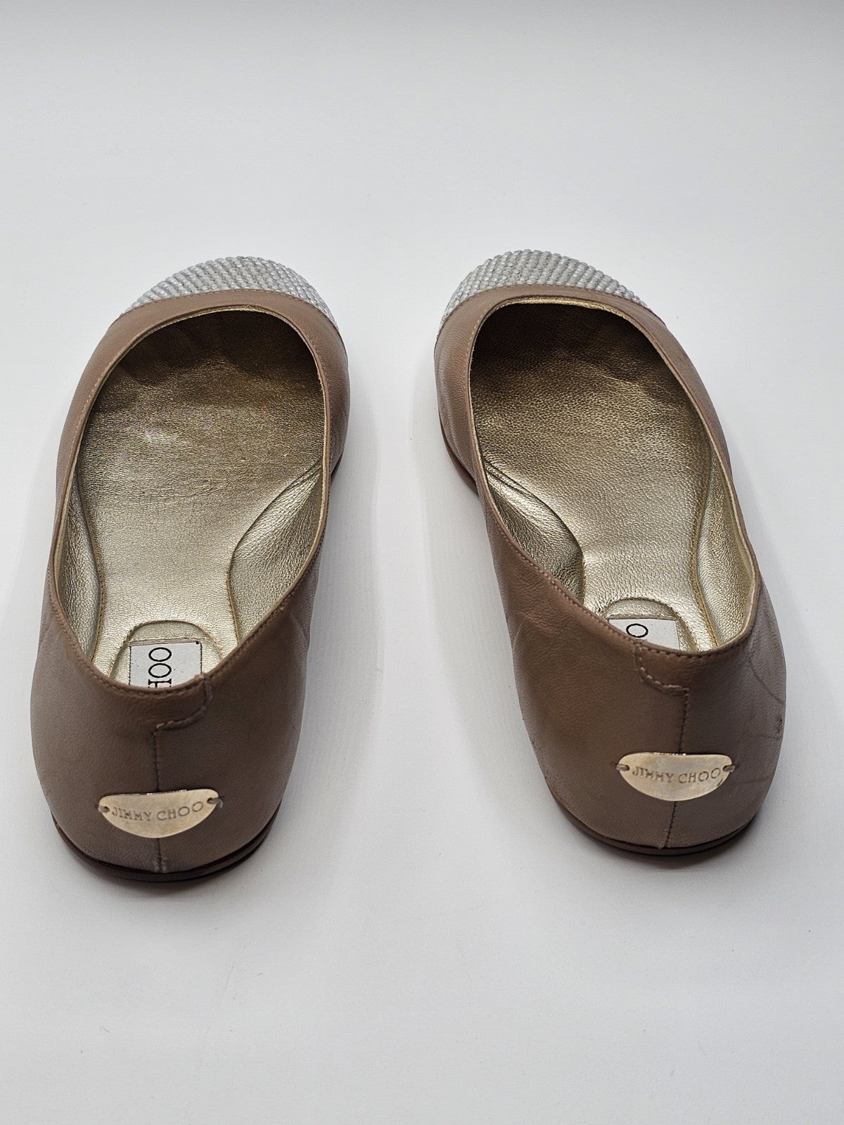 Jimmy Choo Flats Ballet Tan Cream Leather Ballerina Shoes Size 36 Used Sparkle