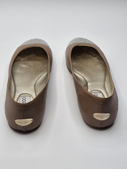Jimmy Choo Flats Ballet Tan Cream Leather Ballerina Shoes Size 36 Used Sparkle