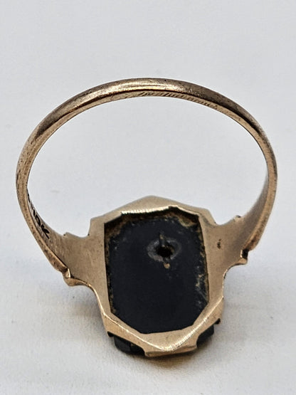 Vtg 10K Yellow Gold Black Onyx Diamond? Clear Stone Ring Size 8 Hallmarked 2.7 G