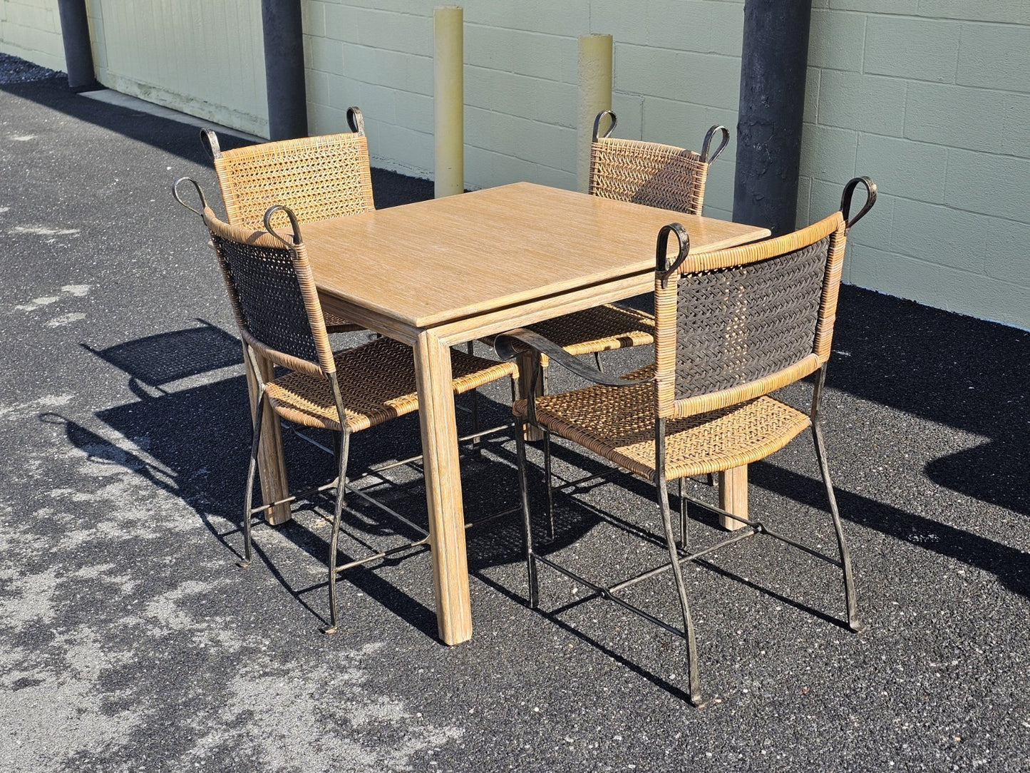 Ched Berenguer Topacio Rattan & Iron Strap Chairs W MCM McGuire Oak Table