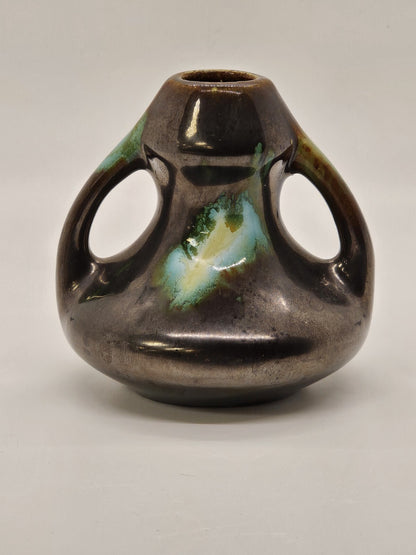 Vtg Belgium Pottery Bud Vase Brown With Green Glaze Double Handle 3.25 In Tall