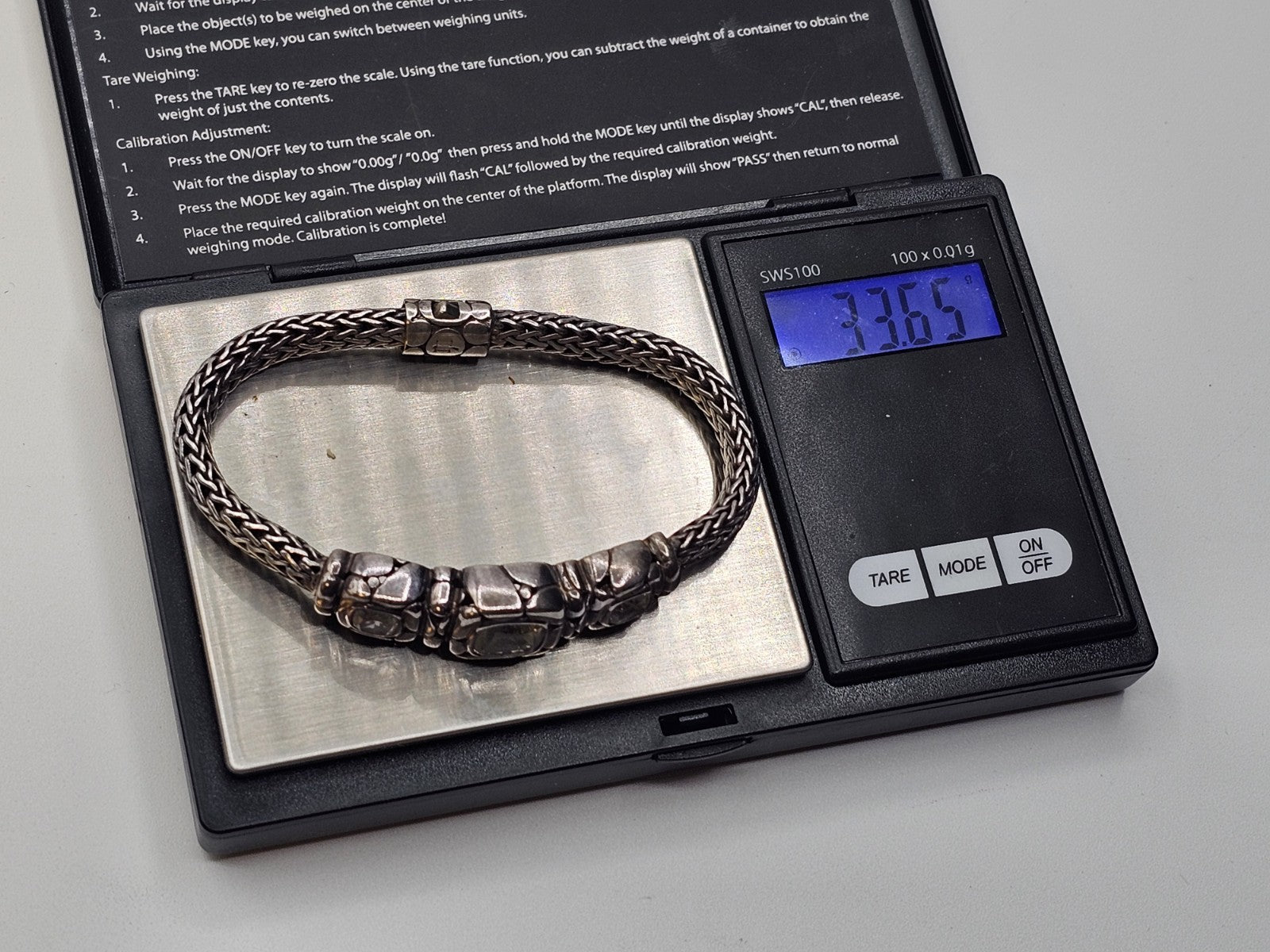 John Hardy 925 Sterling White Topaz Woven Bracelet 33 Grams 7.5 Inch 3 Stones