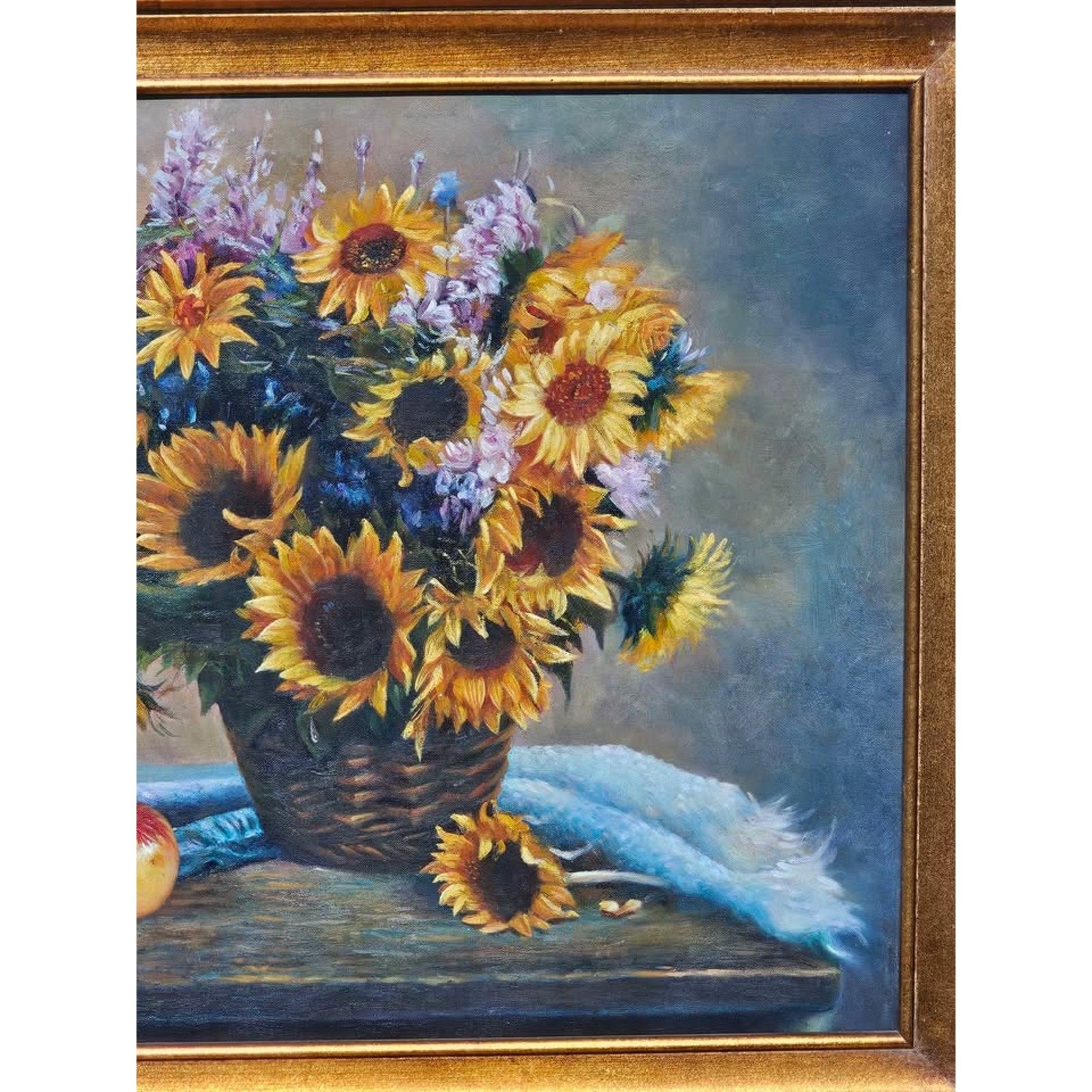 Original Still Life Painting Oil Painting of Sunflowers & Fruit w Ornate Frame