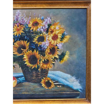 Original Still Life Painting Oil Painting of Sunflowers & Fruit w Ornate Frame