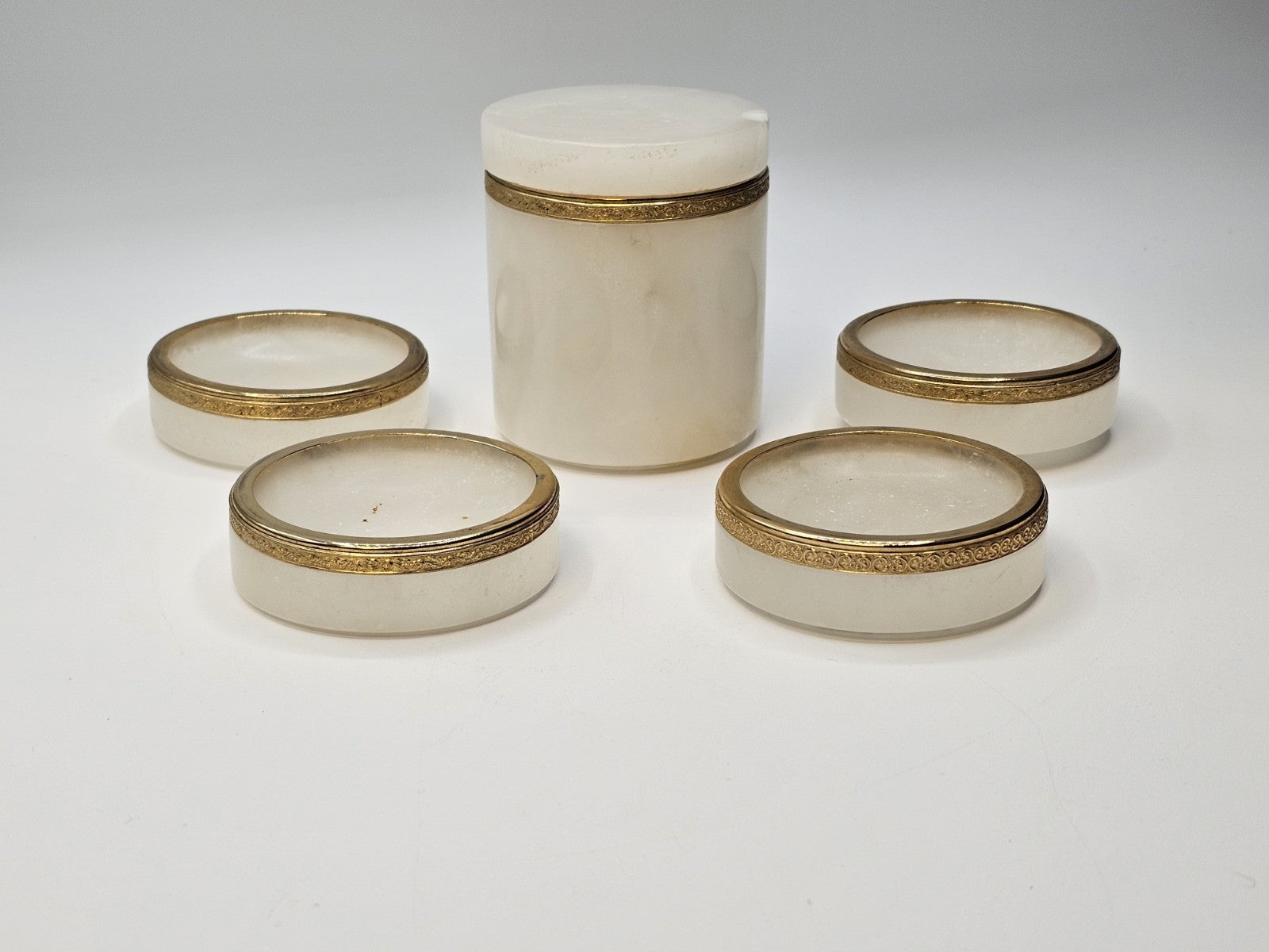 Vintage Italian White Opaline Round Cigarette Trinket Box & 4 Ashtray Coasters