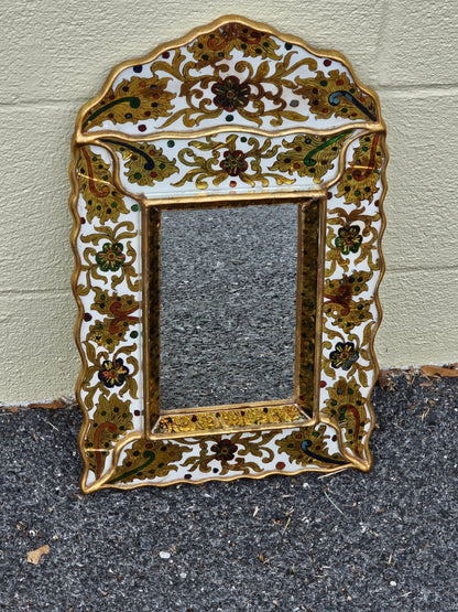 Vtg Reverse Hand Painted Glass Mirror On Wood With Gold Leaf & Ornate Medallions