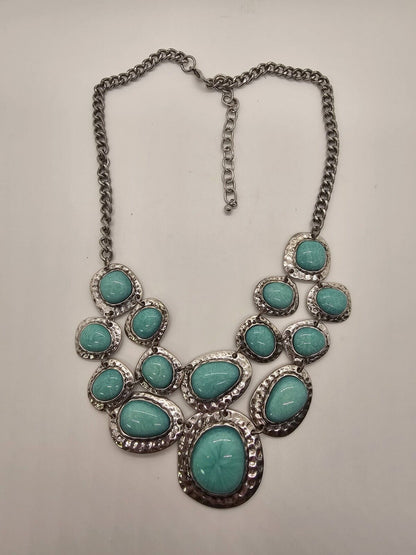 Silver Tone Faux Turquoise Choker Statement Necklace Native American Style