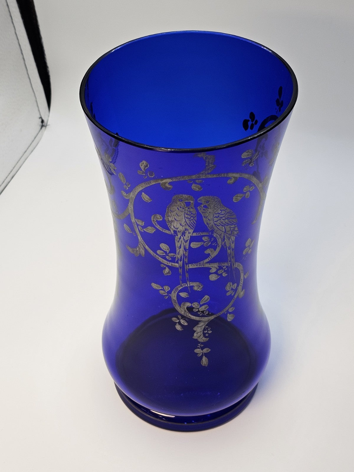 Vtg Czech Cobalt Blue Art Glass Vase With Silver Overlay Parrots Birds 11 " Tall