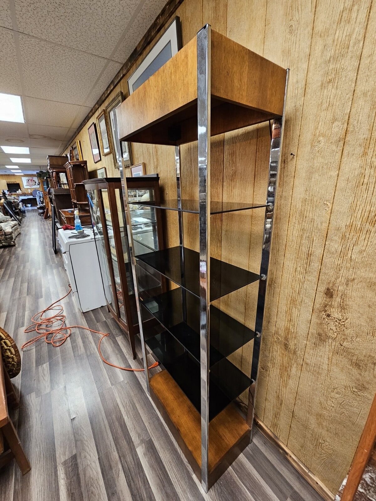 Vtg MCM Chrome & Walnut Post Modern Bookshelf Etagere W Smoky Glass Shelves