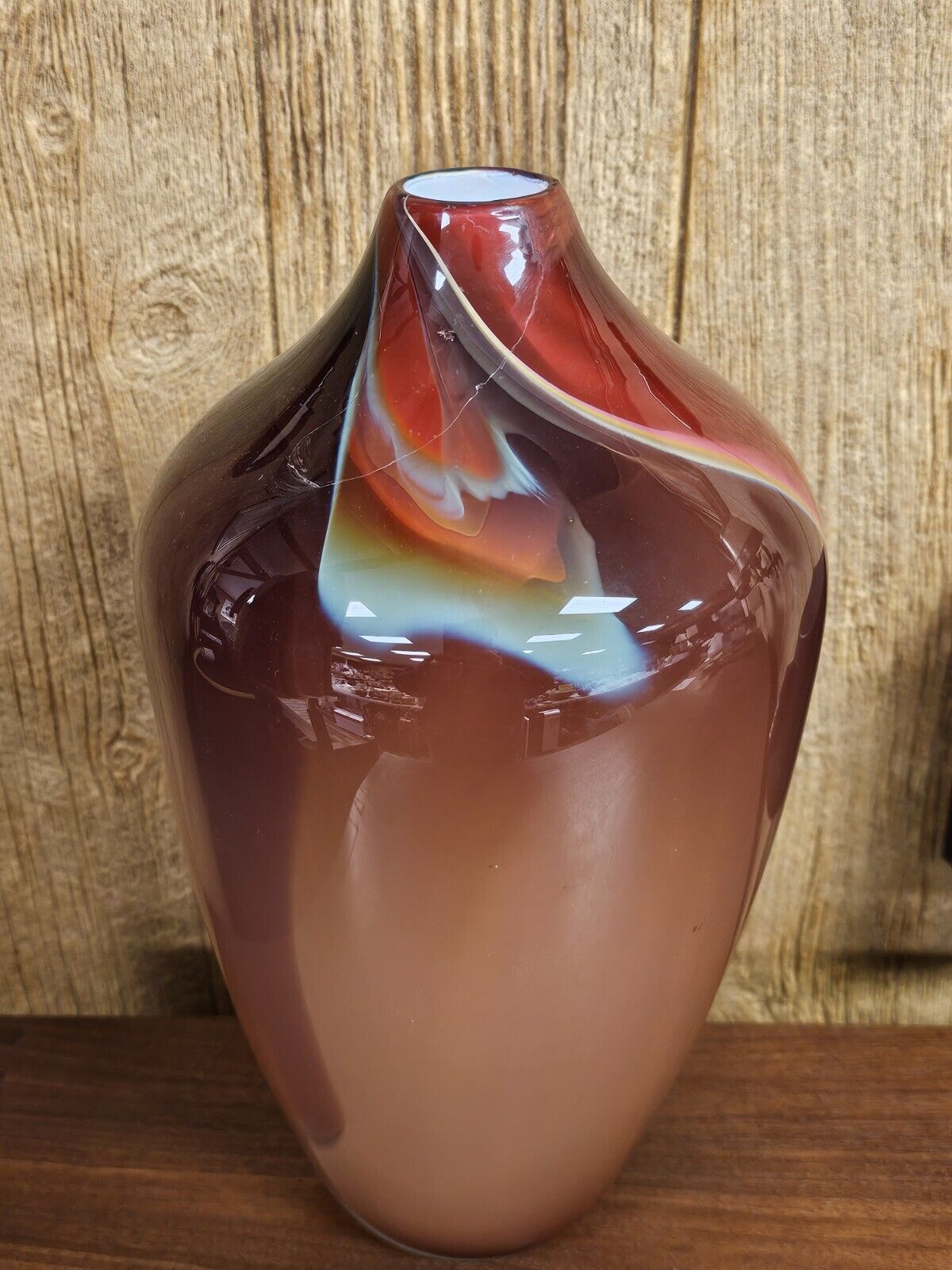 Michael Mortara Hand Blown Volcano Glass Vase 13.5" Tall Damaged On Top