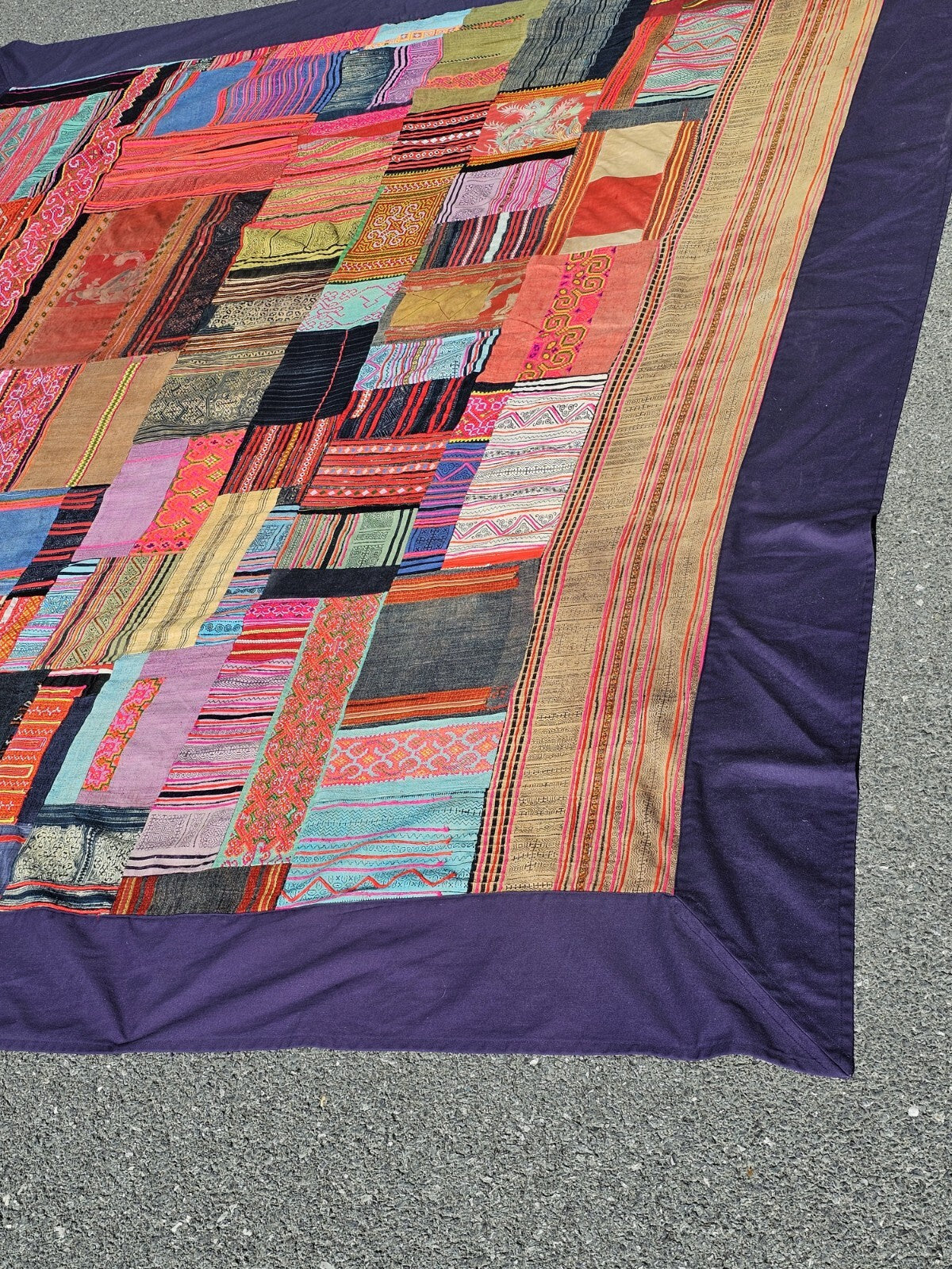 Vtg Tribal Indian Patchwork Quilt & Pillow Set Hand Stitched 99in X 96in 