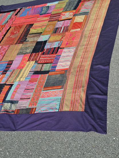 Vtg Tribal Indian Patchwork Quilt & Pillow Set Hand Stitched 99in X 96in 