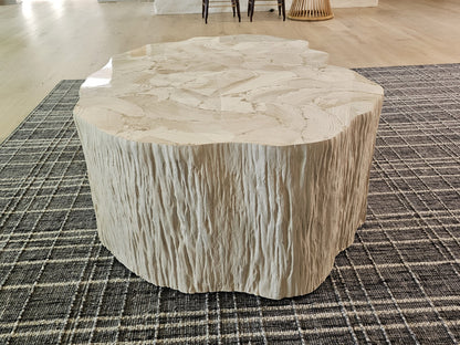 Fossilized Clam Shell Coffee Table On Cast Natural Tree Trunk Base By Camilla